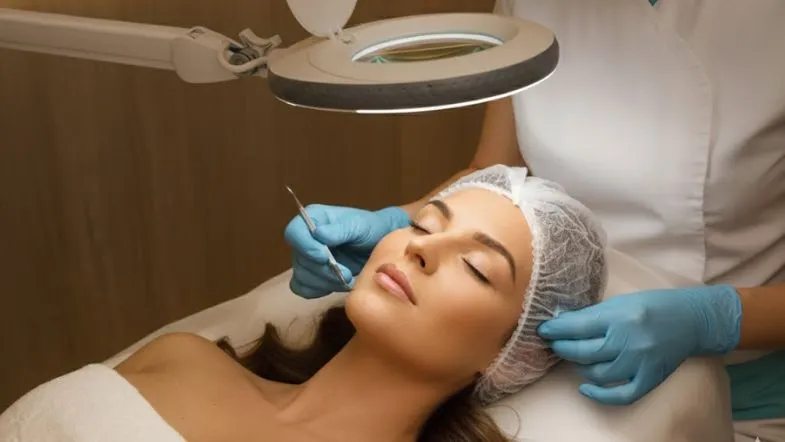 Paciente recebendo um procedimento estético facial realizado por profissional de luvas
