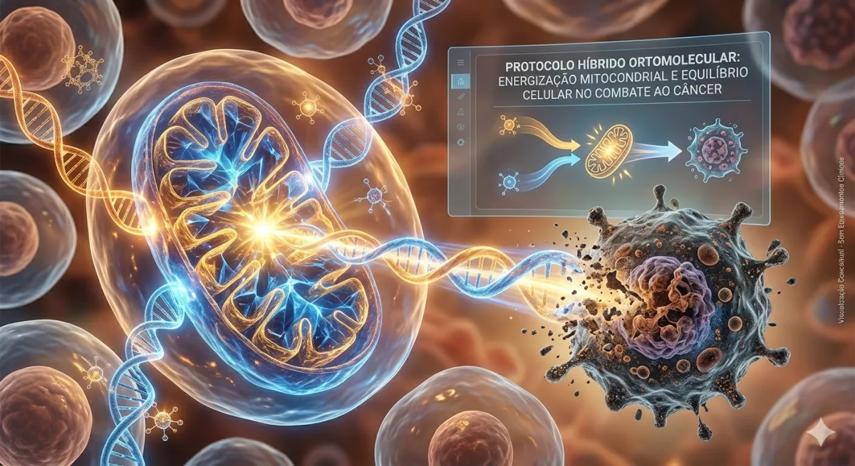 Ilustração artística de uma mitocôndria e de células, representando o Protocolo Híbrido Ortomolecular