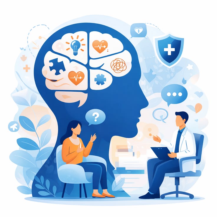 Ilustração de uma consulta de saúde mental, com paciente e profissional conversando